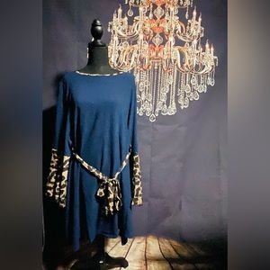 Navy blue and leopard accent bell sleeved dress